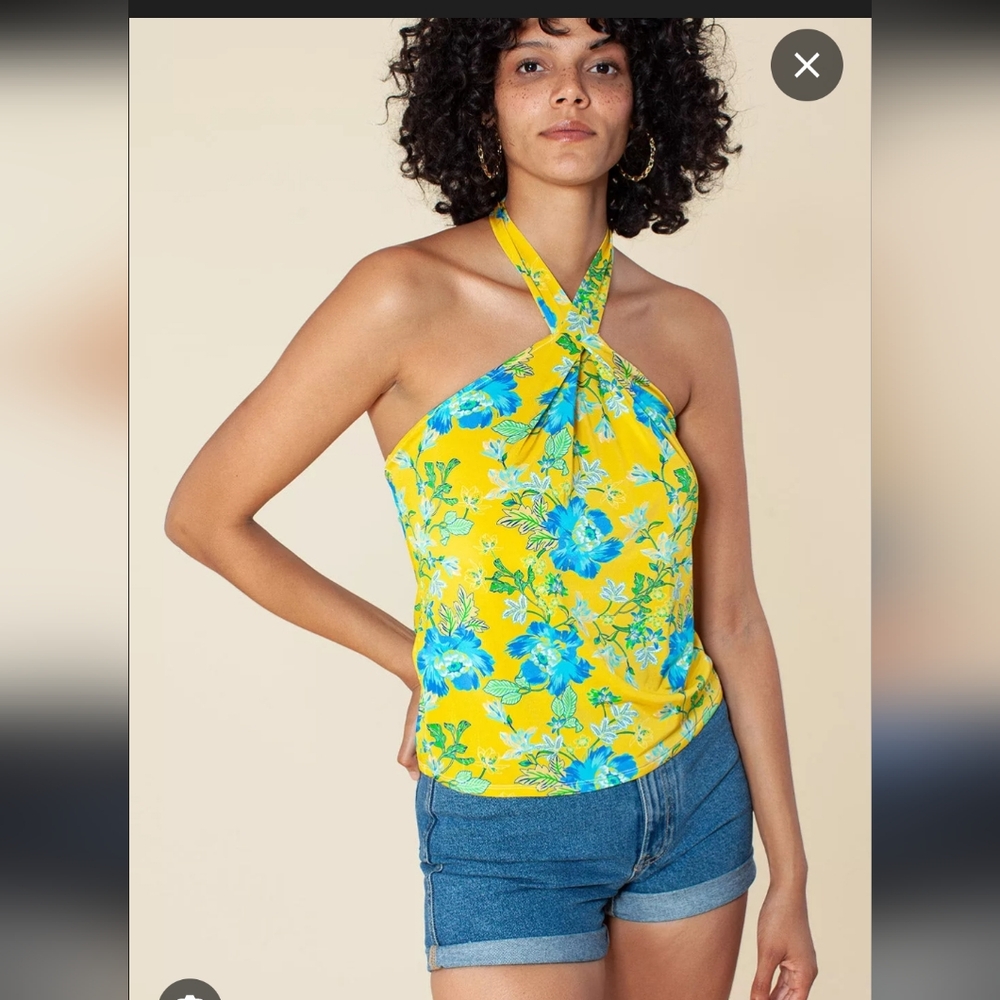 Hale Bob Yellow and Blue Floral Halter Top Size Medium